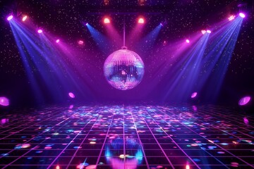 Shimmering mirror disco ball hanging over reflective checkered dance floor with purple neon spotlights, concept for nightclub event, retro party promotion and music entertainment advertising