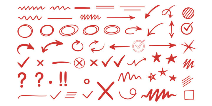 Collection of red scribble marks and hand drawn elements for annotations