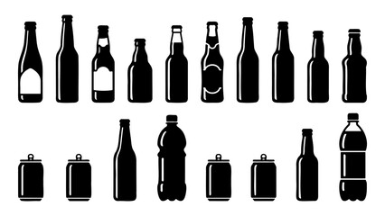 Black silhouette bottle icons set, beverage glass and plastic bottles collection, soda and beer aluminum cans vector illustrations