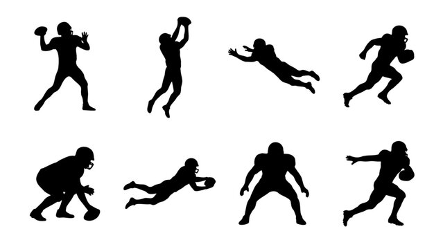 American football player silhouettes, 8 action poses of athletes in uniform, black vector icons of football players running and catching