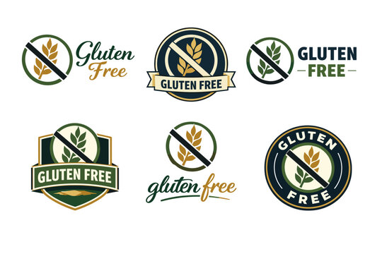 Collection of gluten-free emblems featuring wheat symbol in various styles