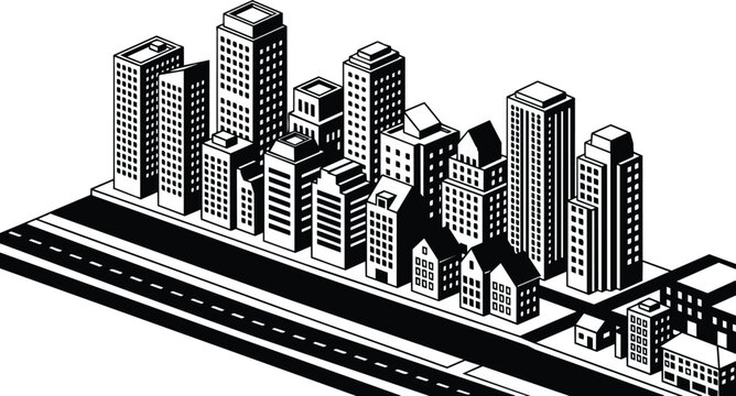 Black and white isometric city block with skyscrapers row houses and road
