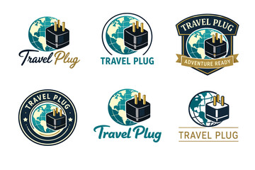 Fototapeta premium Travel plug logo designs on globe background in various styles and colors