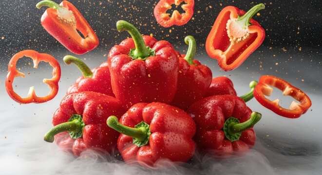 A vibrant stack of fresh red, green, and yellow chili peppers covered in water droplets against a dark background.