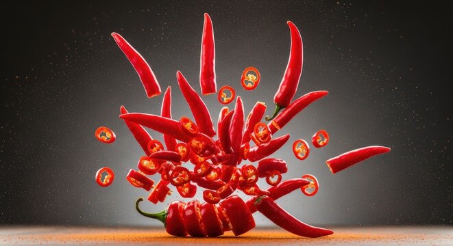 A vibrant stack of fresh red, green, and yellow chili peppers covered in water droplets against a dark background.