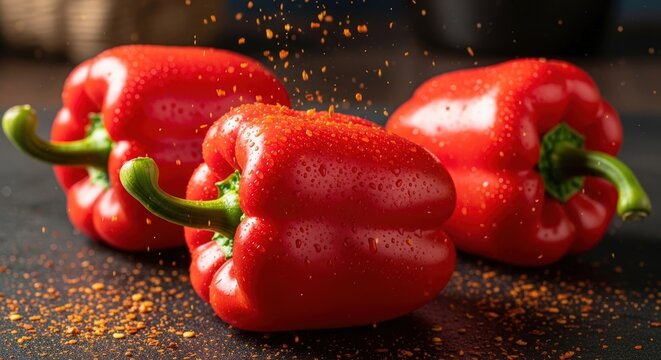 A vibrant stack of fresh red, green, and yellow chili peppers covered in water droplets against a dark background.