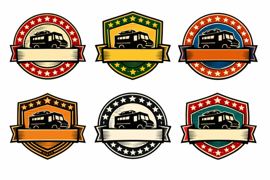 Vintage camper van badges with stars and banners in various colors