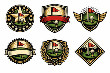 Obraz premium Retro golf emblems with flags and shields in vintage style