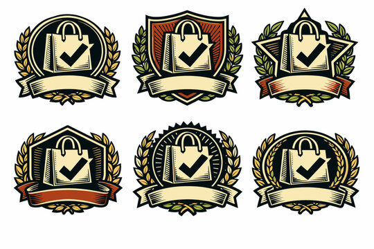 Six retro shopping badge designs with checkmark icons and decorative elements