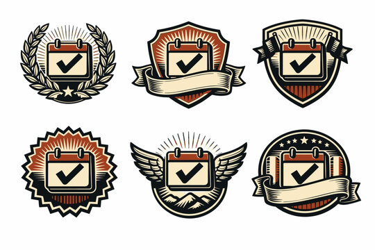 Set of vintage emblem designs with calendar icons and checkmarks