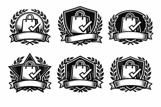 Shopping badge set with laurel wreaths and check marks