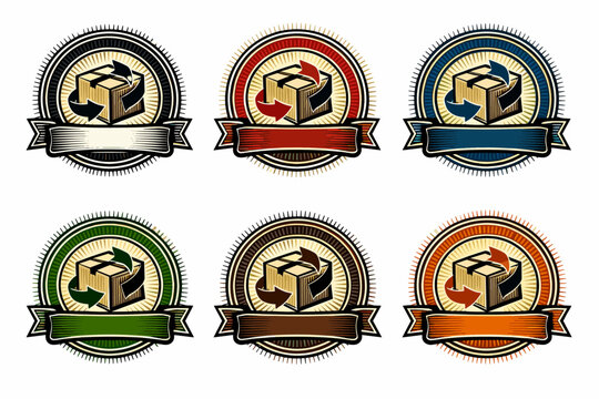 Vintage circular emblem set with box and arrow design in six colors