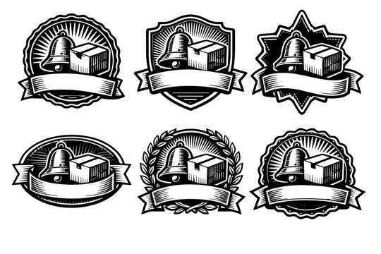 Vintage badge set with bell and box illustrations in monochrome style