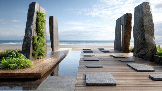 Modern memorial on a sandy Normandy beach with stone monuments, reflecting pool and wooden pathway inviting quiet contemplation, remembrance and peaceful reflection. D Day Anniversary