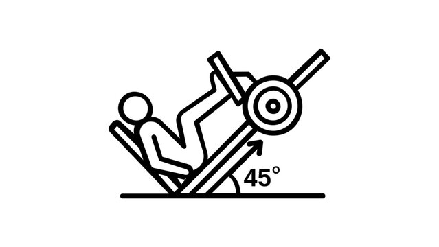 45 Degree Leg Press Machine Exercise Vector Icon Illustration. Minimalist Line Art of a Person Training Legs in a Gym. Scalable Flat Design for Fitness and Bodybuilding Apps and Websites.