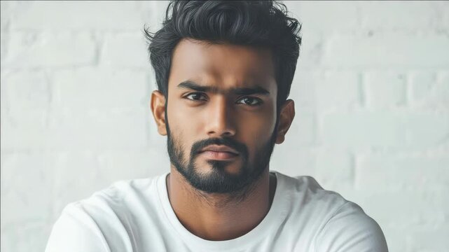 A man with a beard and a serious expression, wearing a white shirt against a brick wall background. Modern style portrait videograph.