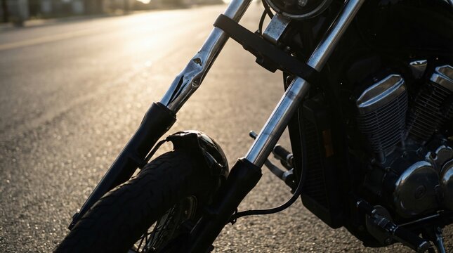 Close up of a motorcycle with a bent front fork standing on an asphalt road. The image conveys the aftermath of a traffic collision during sunset. Useful for insurance and safety articles.