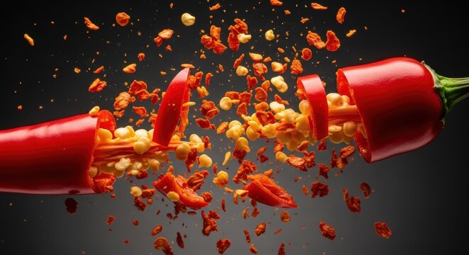 A vibrant stack of fresh red, green, and yellow chili peppers covered in water droplets against a dark background.