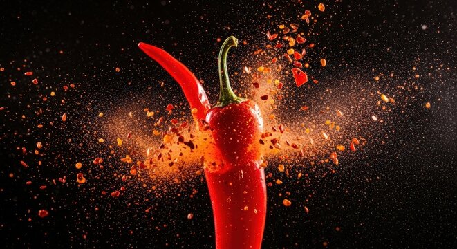 A vibrant stack of fresh red, green, and yellow chili peppers covered in water droplets against a dark background.