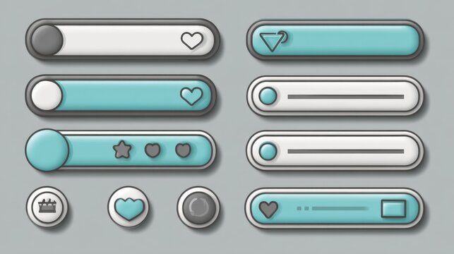 Modern UI kit elements with blue buttons and search bars.