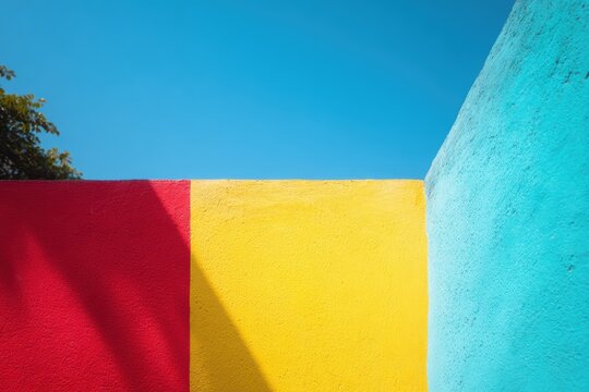 澄んだ青空の下、色とりどりの壁