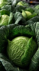 Fototapeta premium Fresh green cabbage with vibrant, textured leaves in a market setting.