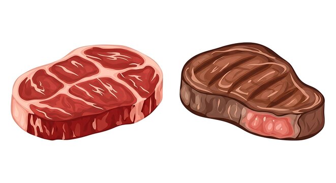 Raw and cooked steaks illustrated in a vector graphic design side by side