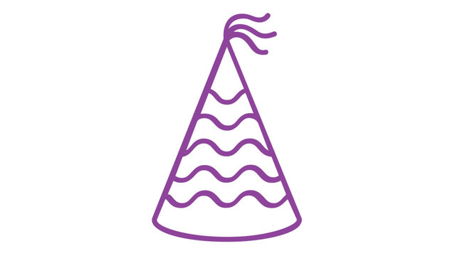 Purple party hat line icon vector illustration. Minimalist cone-shaped birthday hat with wavy patterns and tassels. Scalable flat design for celebration, events, anniversaries, and holiday decor.