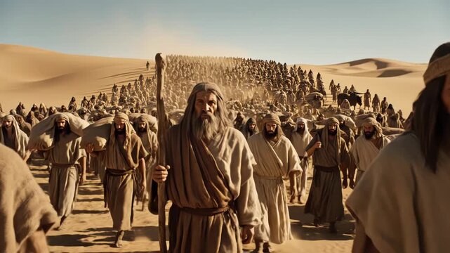 Moses leading the Israelite people through the desert during the Exodus, a dramatic pilgrimage scene with a staff-bearing leader guiding a vast procession across dunes