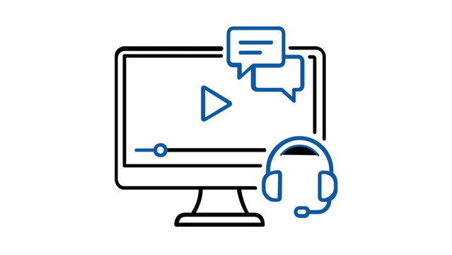 Live Streaming and Online Gaming Vector Icon Illustration Featuring a Computer Monitor with Play Button, Chat Bubbles, and Headset for Webinars, Video Conferencing, and Digital Communication.