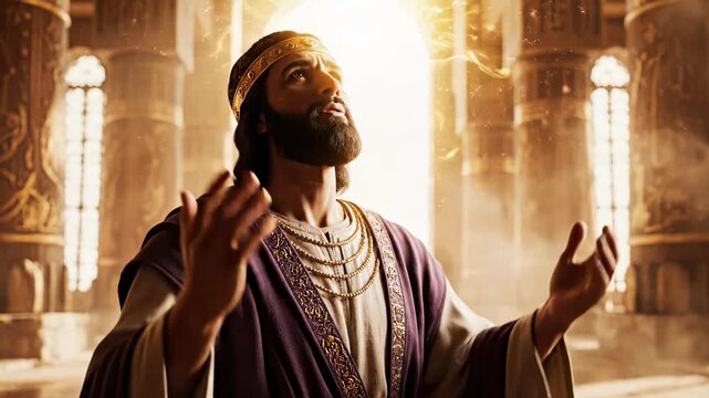 Regal biblical king kneeling in a golden temple bathed in radiant heavenly light, a solemn scene of prayer and devotion suggesting King Solomon's wisdom, worship, and divine presence