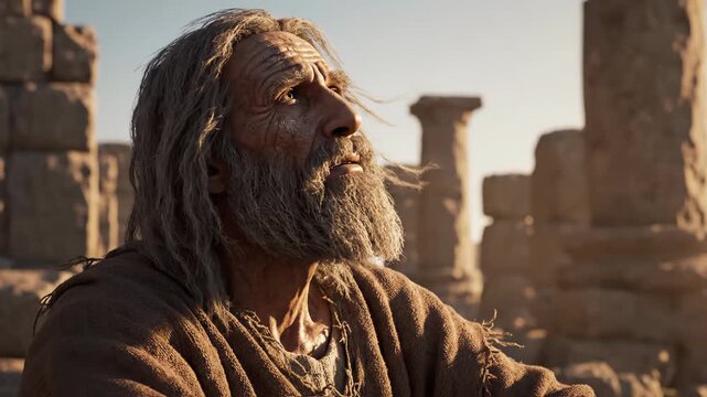 Weathered biblical patriarch seated among ancient stone ruins at sunrise, deep in solemn reflection and prayer, evoking themes of faith, exile, and covenant in desert landscape