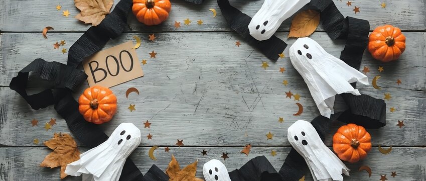 Halloween decorations with white ghosts, orange pumpkins, black bats and autumn leaves arranged in circle on rustic wooden background for spooky seasonal design.