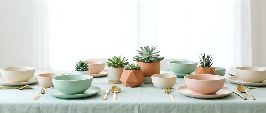 Pastel ceramic dinnerware set with small succulent plants arranged on mint green tablecloth creating modern minimalist table setting for home decor and dining.