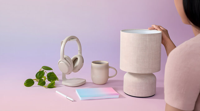Smart Home Desk Setup with Speaker Lamp Headphones and Woman Hand