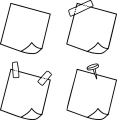 Note paper set, sticky memo page sticker doodle line art. Blank message reminder with tape and pin, office post note board, notice paper element black outline. Sticky note collection