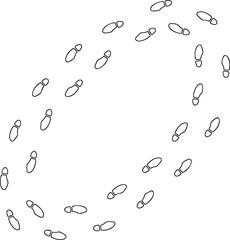 Footprint outline circle, thin line human shoe print track round path set on white. Minimalist walking person steps, footprint outline design, simple boot mark shape. Shoe print line art footprint
