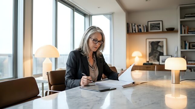 Mature businesswoman with gray hair reviewing documents at modern office desk with warm lighting and city view windows for corporate presentations.