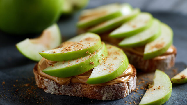 Peanut Butter Toast with Green Apple Slices and Honey, Healthy Breakfast, Kid Snack