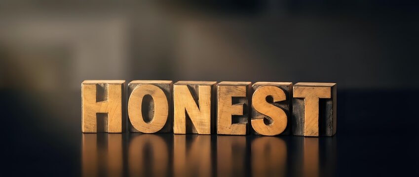 Wooden letter blocks spelling HONEST on dark surface with warm lighting creating shadows and reflections for business ethics and integrity concepts.