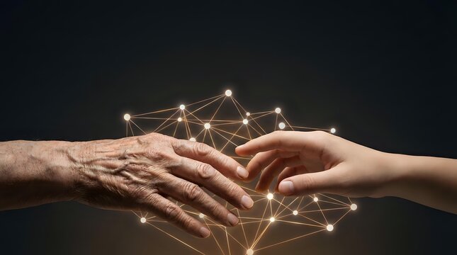 Elderly and young hands connecting with glowing network lines representing intergenerational cooperation, mentorship and knowledge transfer in business.