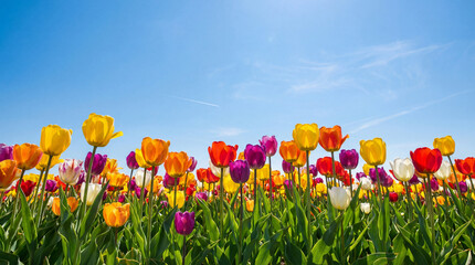 Obraz premium Vibrant multicolored tulips in a lush green field under a clear blue sky on a sunny day with wispy clouds
