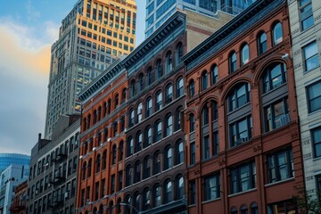 Fototapeta premium Low angle view of historic and modern buildings in new york city at sunset