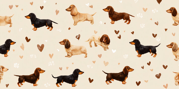 A seamless pattern of various dachshunds with hearts, a charming and heartwarming design. These dogs are presented in different colors and positions, creating an adorable, love-filled repeat