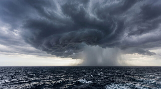 Dark stormy clouds gather over the ocean with rough waves and rain in the distance on a gloomy day