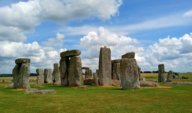Stonehenge is a prehistoric monument on Salisbury Plain in Wiltshire. It consists of an outer ring of vertical sarsen standing stones. Inside is a ring of smaller bluestones.