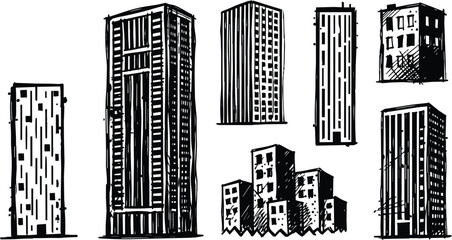 Obraz premium Black and white sketched skyscraper and apartment building collection line art urban skyline elements