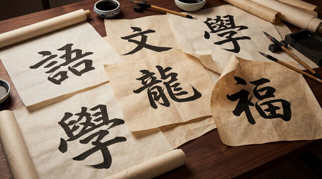 A collection of chinese calligraphy papers with brushes and ink on a wooden table