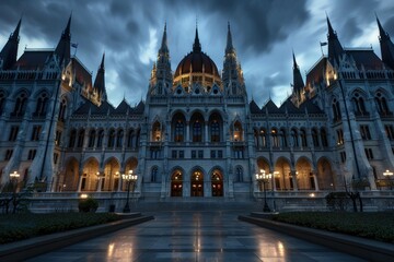 Obraz premium Ornate gothic revival architecture of hungarian parliament building illuminated at twilight under dramatic, cloudy sky