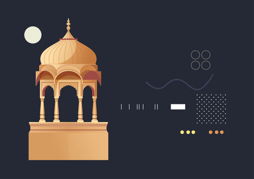Jharokha and Chhatri - Semi-open, Elevated, Dome-Shaped Pavilions Elements - Stock Illustration